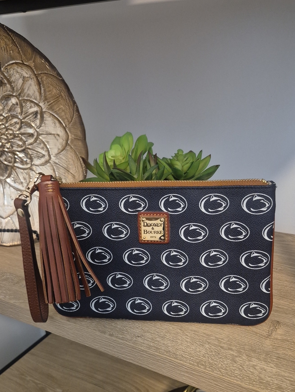 Dooney & Bourke Black Penn State Logo Toiletry Pouch with Brown Tassel